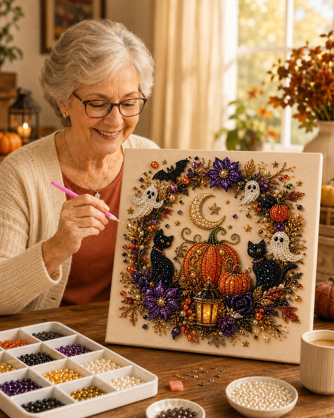 🥳2026 HOT SALE🥳💞50K+ SOLD!🎃✨ 50% OFF! Halloween Pearl Art DIY Kit – No painting skills needed, just match & place pearls. Create spooky‑cute décor for a cosy autumn home! 🧵🖼️