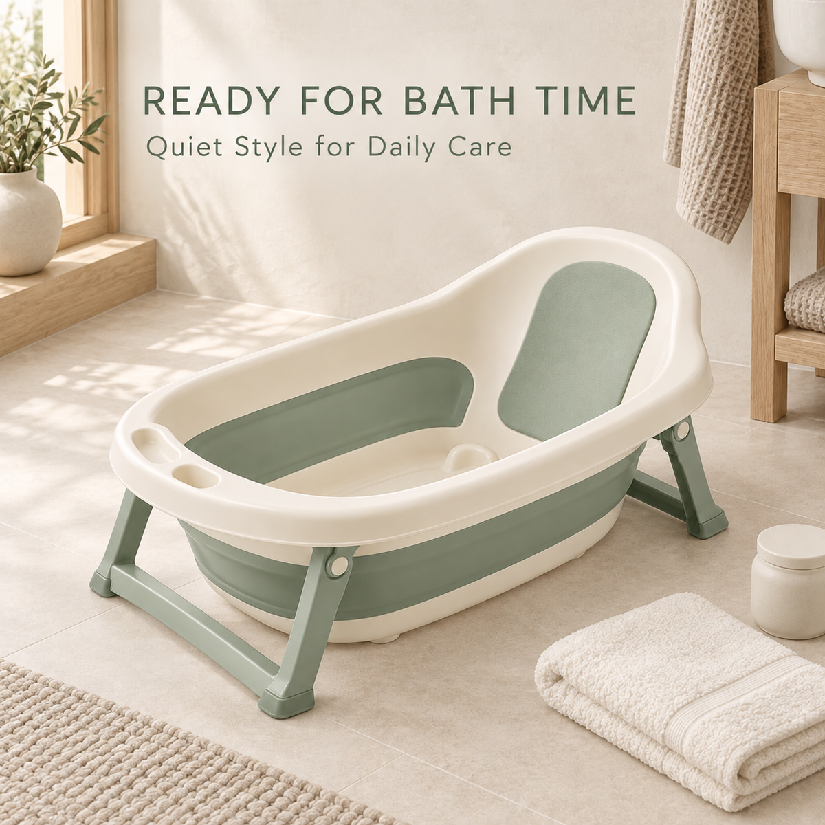 Skinkfye Cream and Sage Foldable Baby Bathtub – Raised Bath with Support Frame