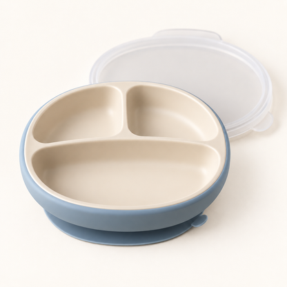 Skinkfye Three-Section Suction Plate with Lid – Blue and Cream Mealtime Dish