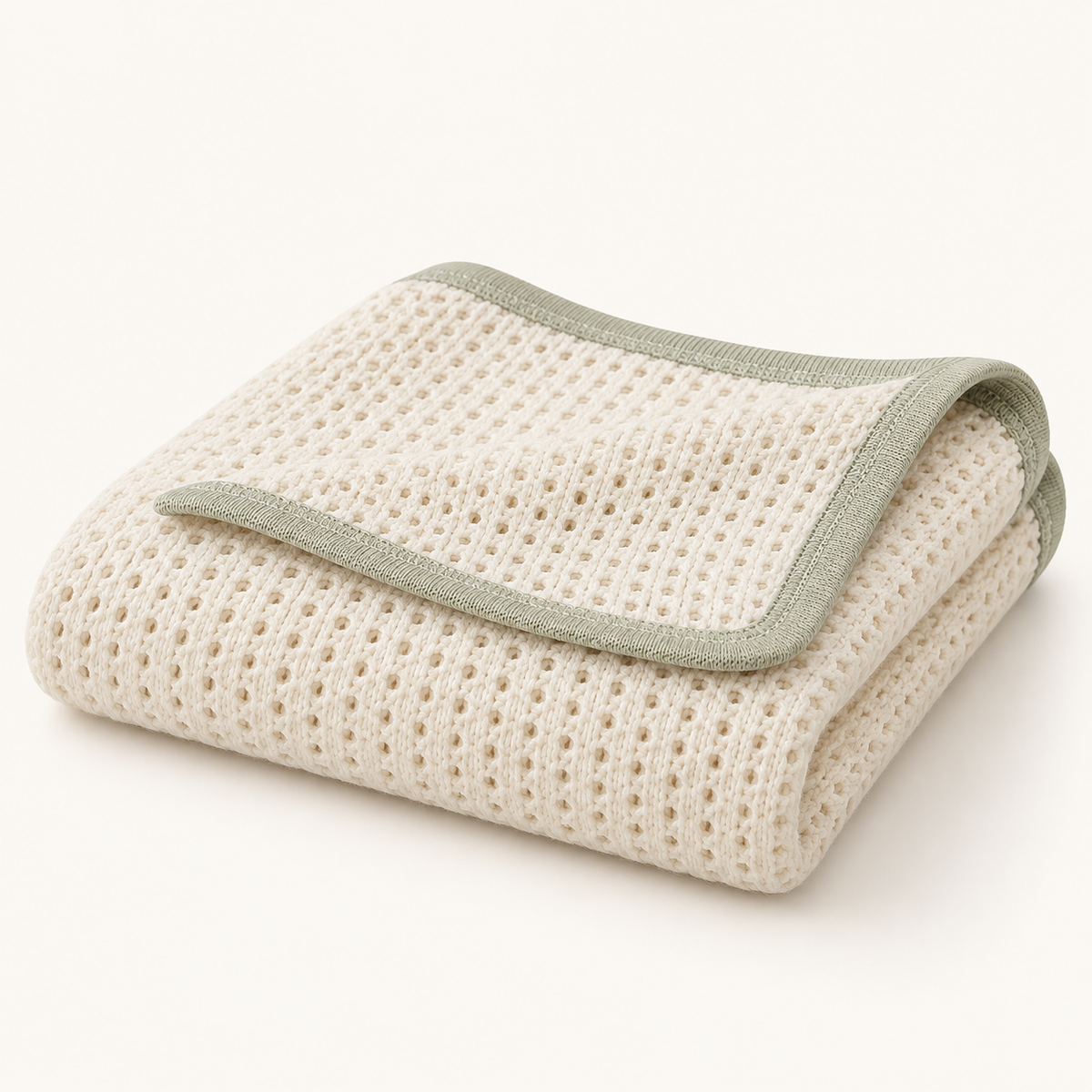 Skinkfye Cream Knit Baby Blanket – Textured Nursery Blanket with Sage Green Trim