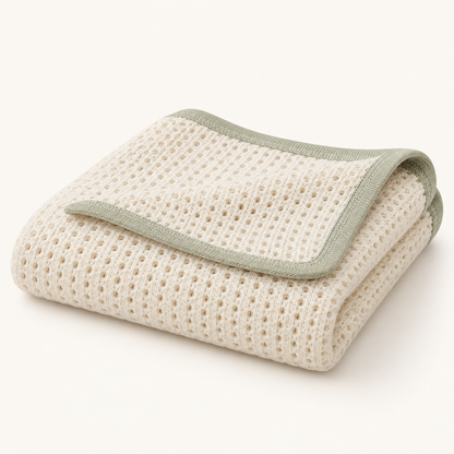 Skinkfye Cream Knit Baby Blanket – Textured Nursery Blanket with Sage Green Trim