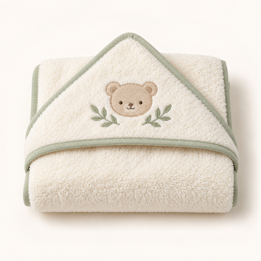 Skinkfye Bear Embroidered Hooded Baby Towel – Cream Bath Wrap with Sage Trim