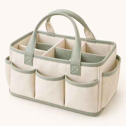 Skinkfye Cream and Sage Nursery Organizer Caddy – Multi-Compartment Storage Basket