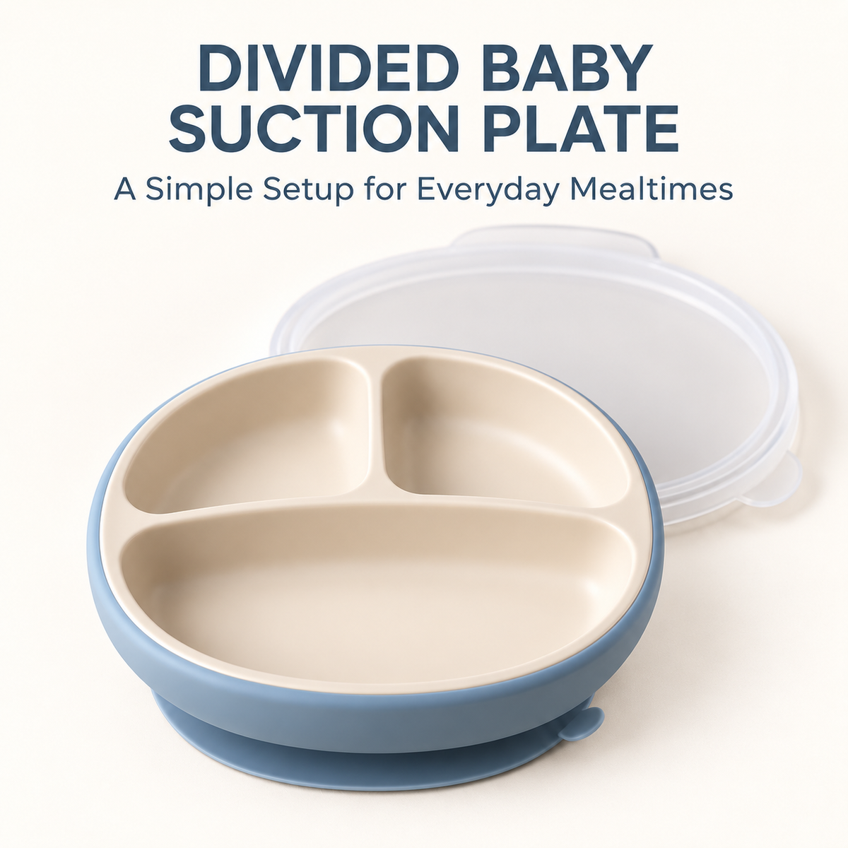 Skinkfye Three-Section Suction Plate with Lid – Blue and Cream Mealtime Dish