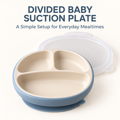 Skinkfye Three-Section Suction Plate with Lid – Blue and Cream Mealtime Dish