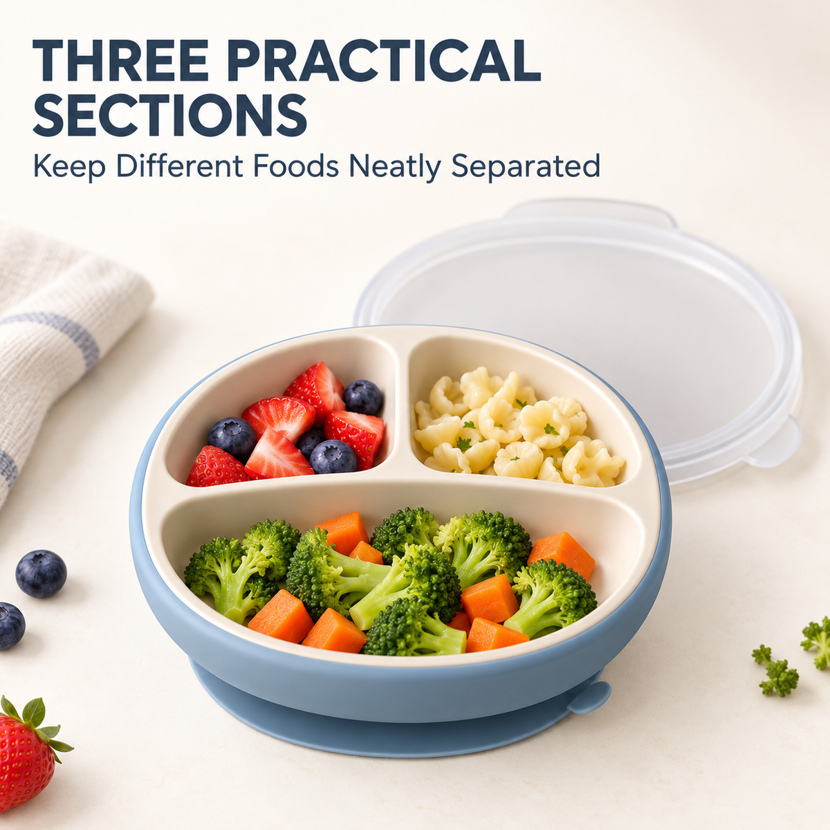 Skinkfye Three-Section Suction Plate with Lid – Blue and Cream Mealtime Dish