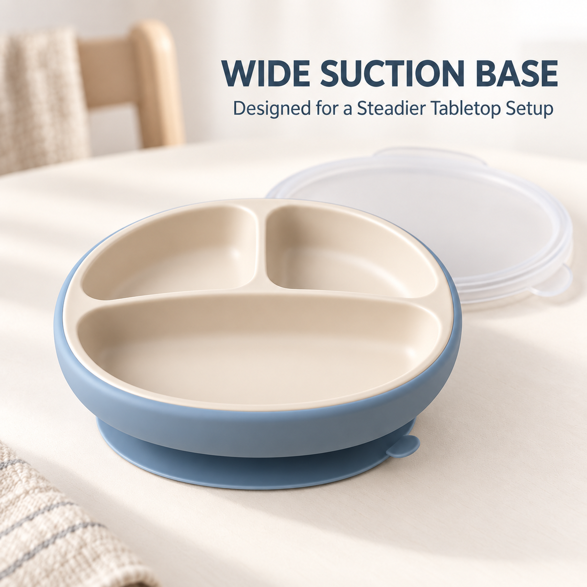 Skinkfye Three-Section Suction Plate with Lid – Blue and Cream Mealtime Dish
