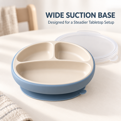 Skinkfye Three-Section Suction Plate with Lid – Blue and Cream Mealtime Dish