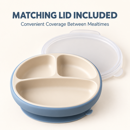 Skinkfye Three-Section Suction Plate with Lid – Blue and Cream Mealtime Dish