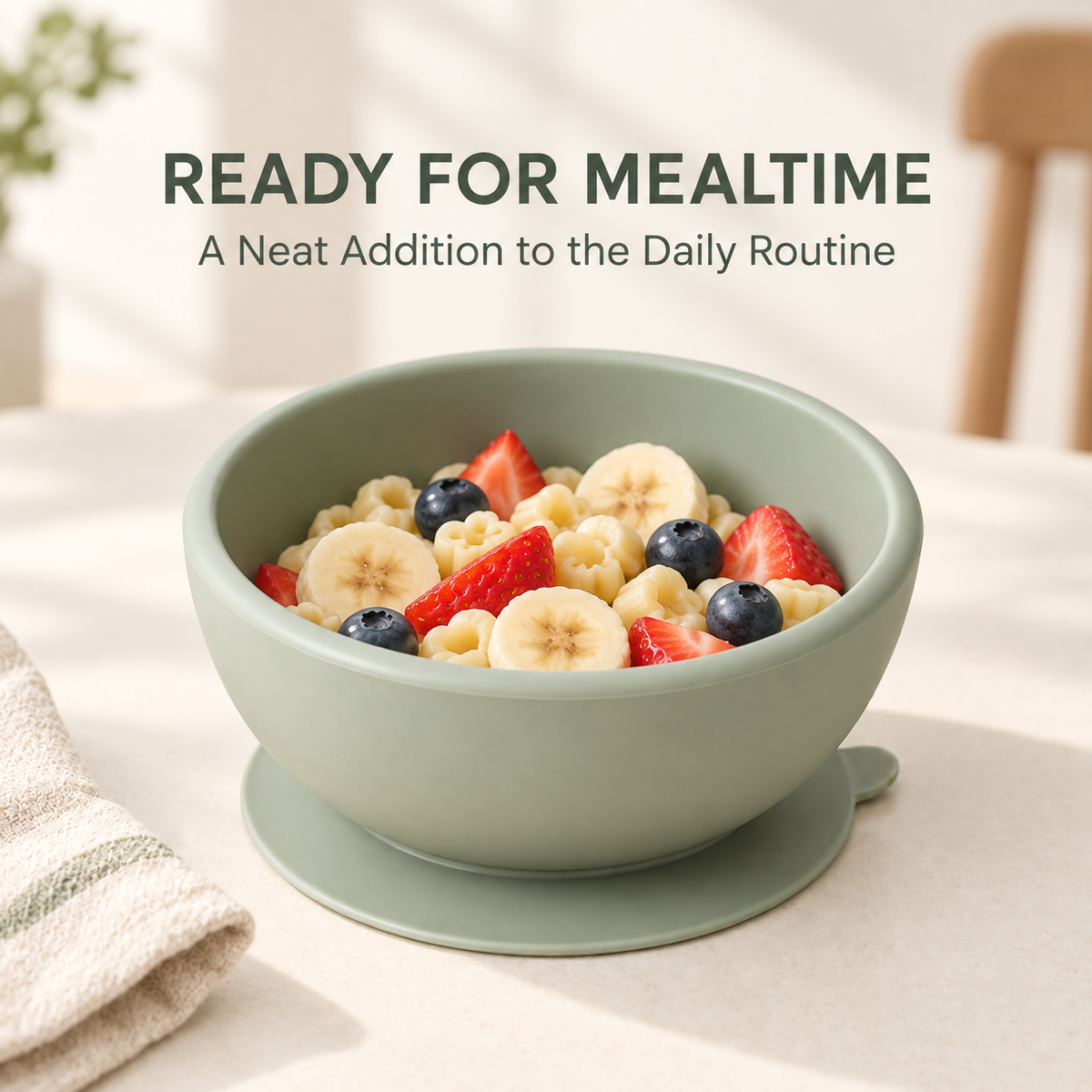 Skinkfye Sage Green Suction Bowl – Rounded Mealtime Bowl with Release Tab