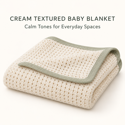 Skinkfye Cream Knit Baby Blanket – Textured Nursery Blanket with Sage Green Trim