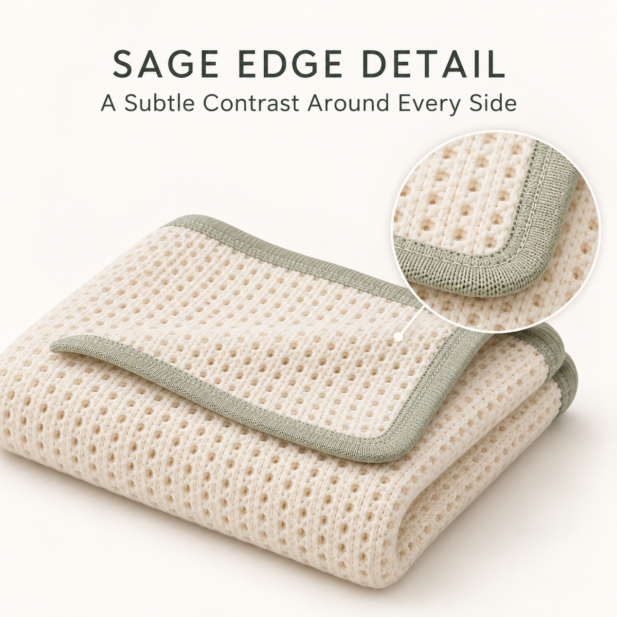 Skinkfye Cream Knit Baby Blanket – Textured Nursery Blanket with Sage Green Trim