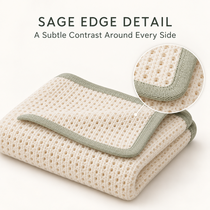 Skinkfye Cream Knit Baby Blanket – Textured Nursery Blanket with Sage Green Trim