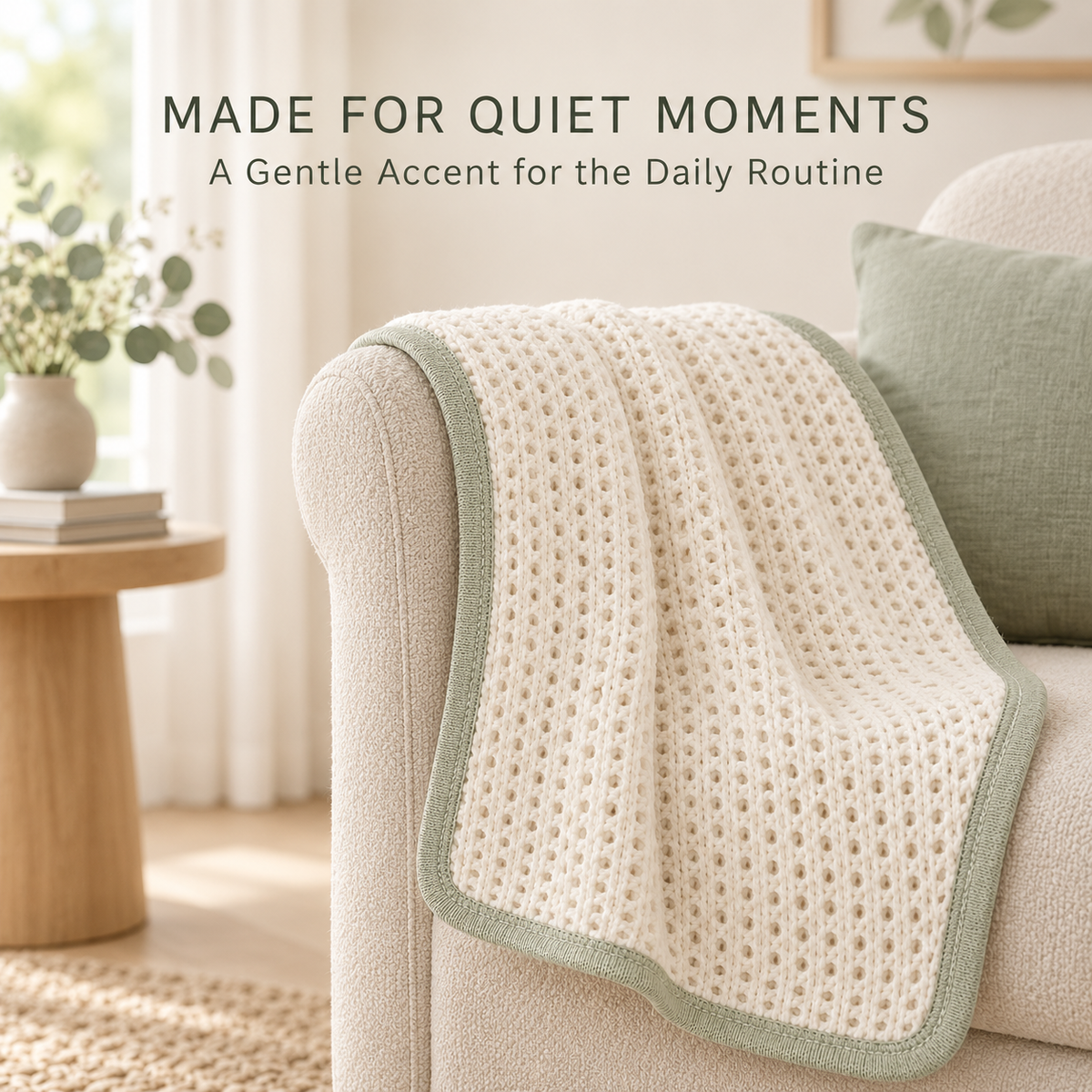 Skinkfye Cream Knit Baby Blanket – Textured Nursery Blanket with Sage Green Trim