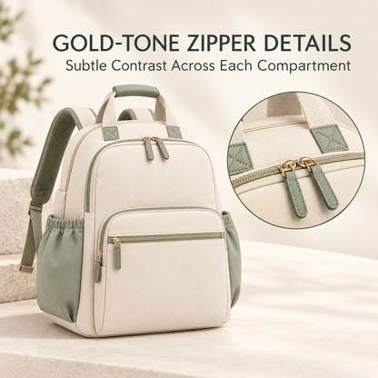 Skinkfye Cream and Sage Diaper Backpack – Multi-Pocket Baby Travel Bag