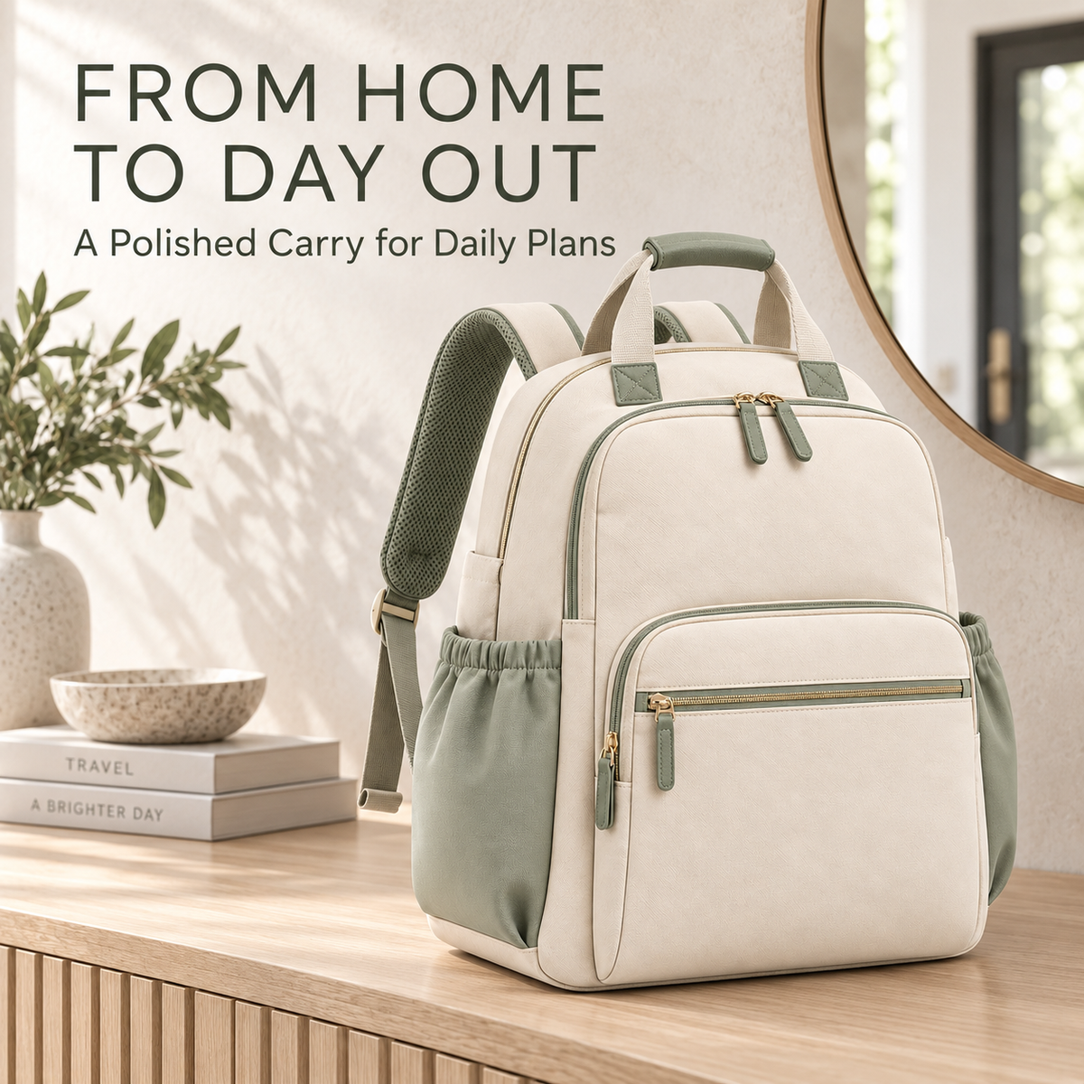 Skinkfye Cream and Sage Diaper Backpack – Multi-Pocket Baby Travel Bag