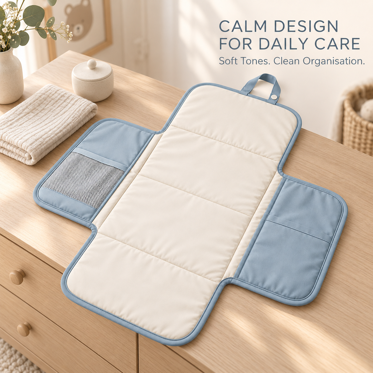 Skinkfye Blue Foldable Baby Changing Mat – Travel Pad with Storage Pockets