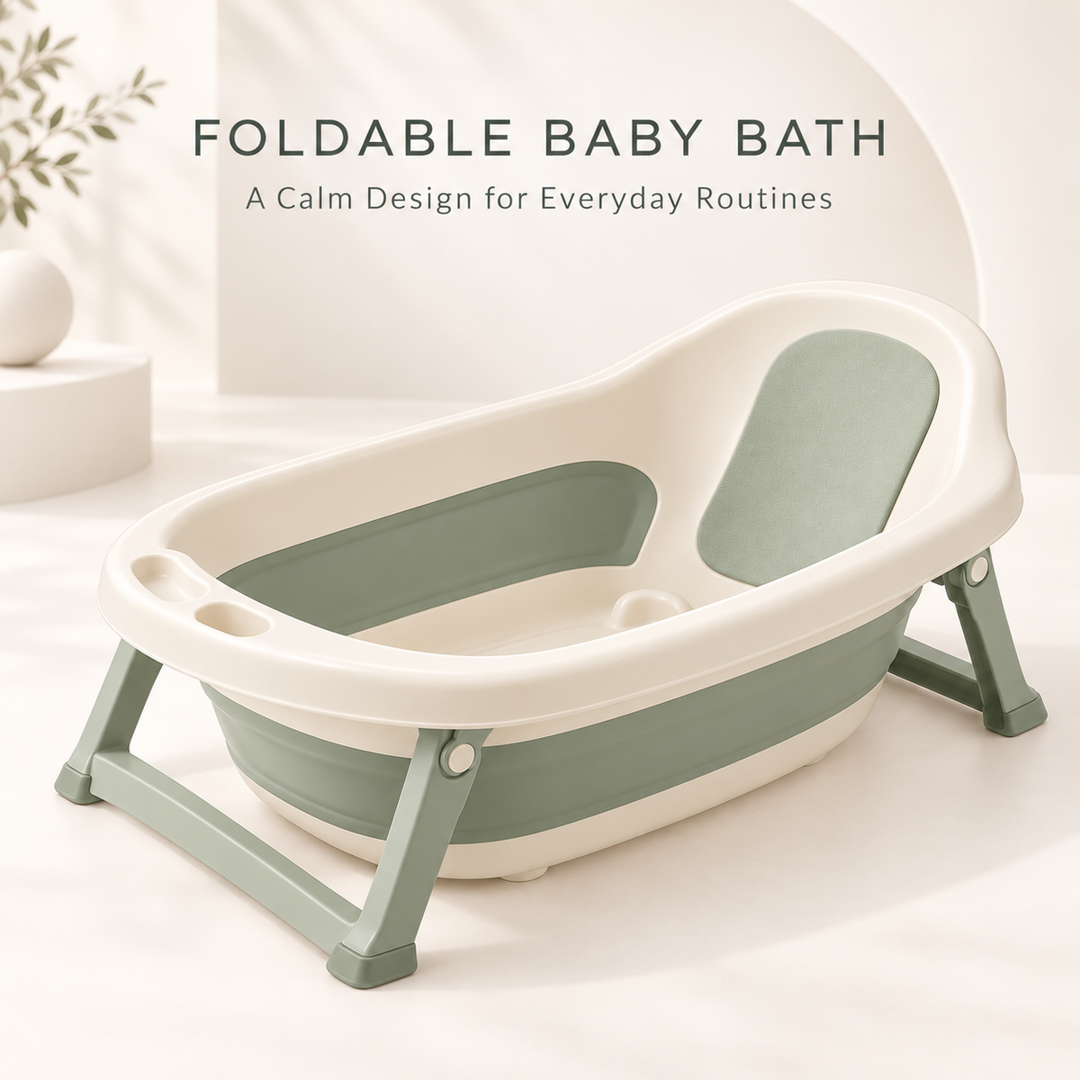 Skinkfye Cream and Sage Foldable Baby Bathtub – Raised Bath with Support Frame