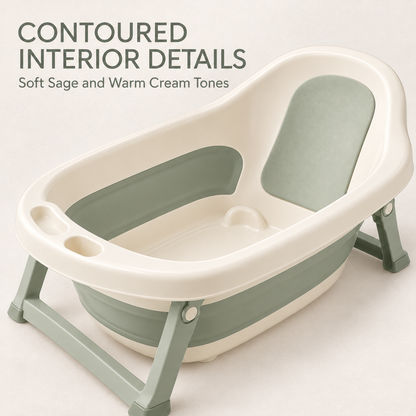 Skinkfye Cream and Sage Foldable Baby Bathtub – Raised Bath with Support Frame