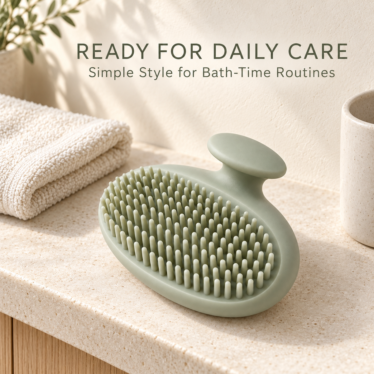 Skinkfye Sage Green Baby Bath and Scalp Brush – Oval Care Brush with Raised Grip