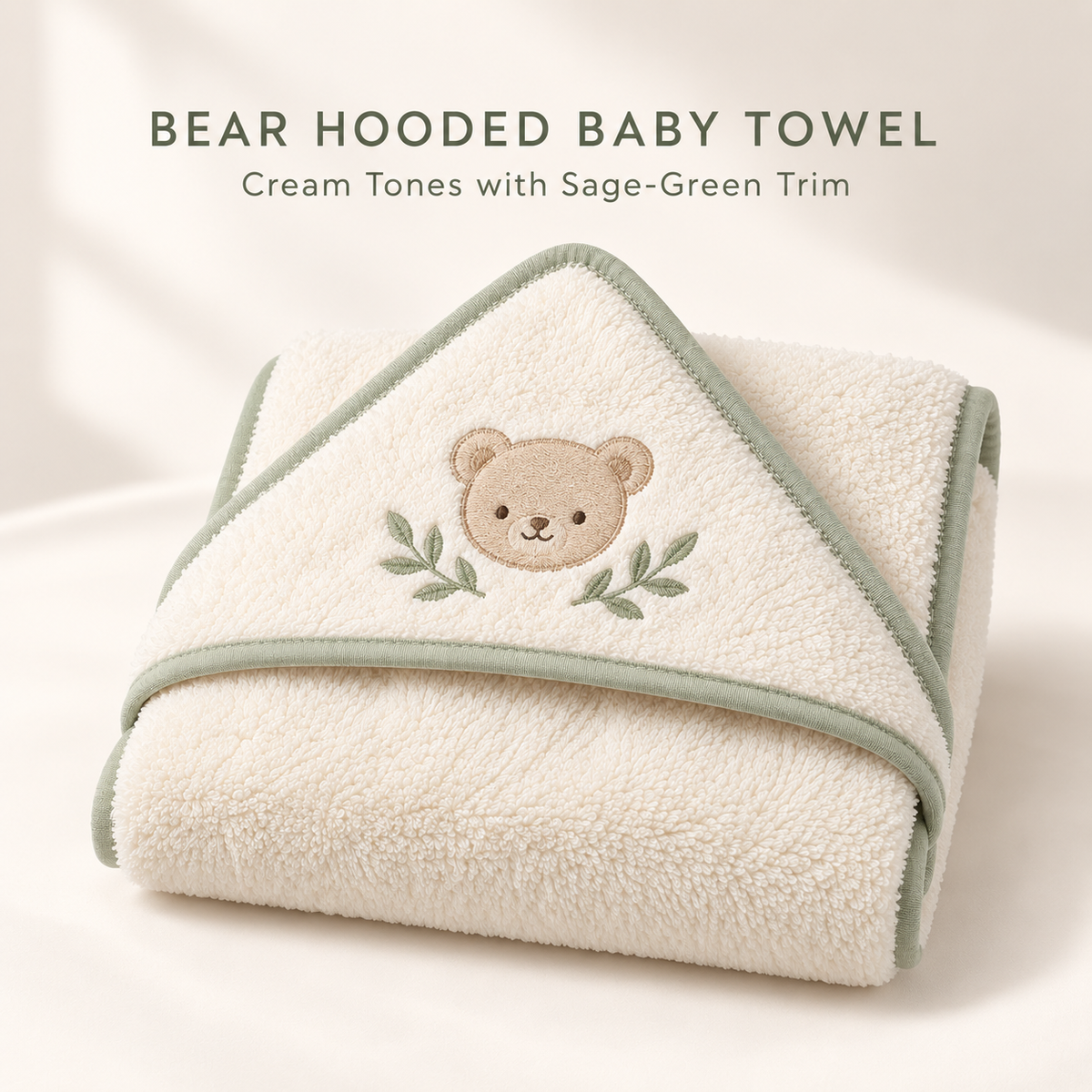 Skinkfye Bear Embroidered Hooded Baby Towel – Cream Bath Wrap with Sage Trim