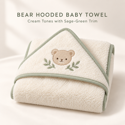Skinkfye Bear Embroidered Hooded Baby Towel – Cream Bath Wrap with Sage Trim