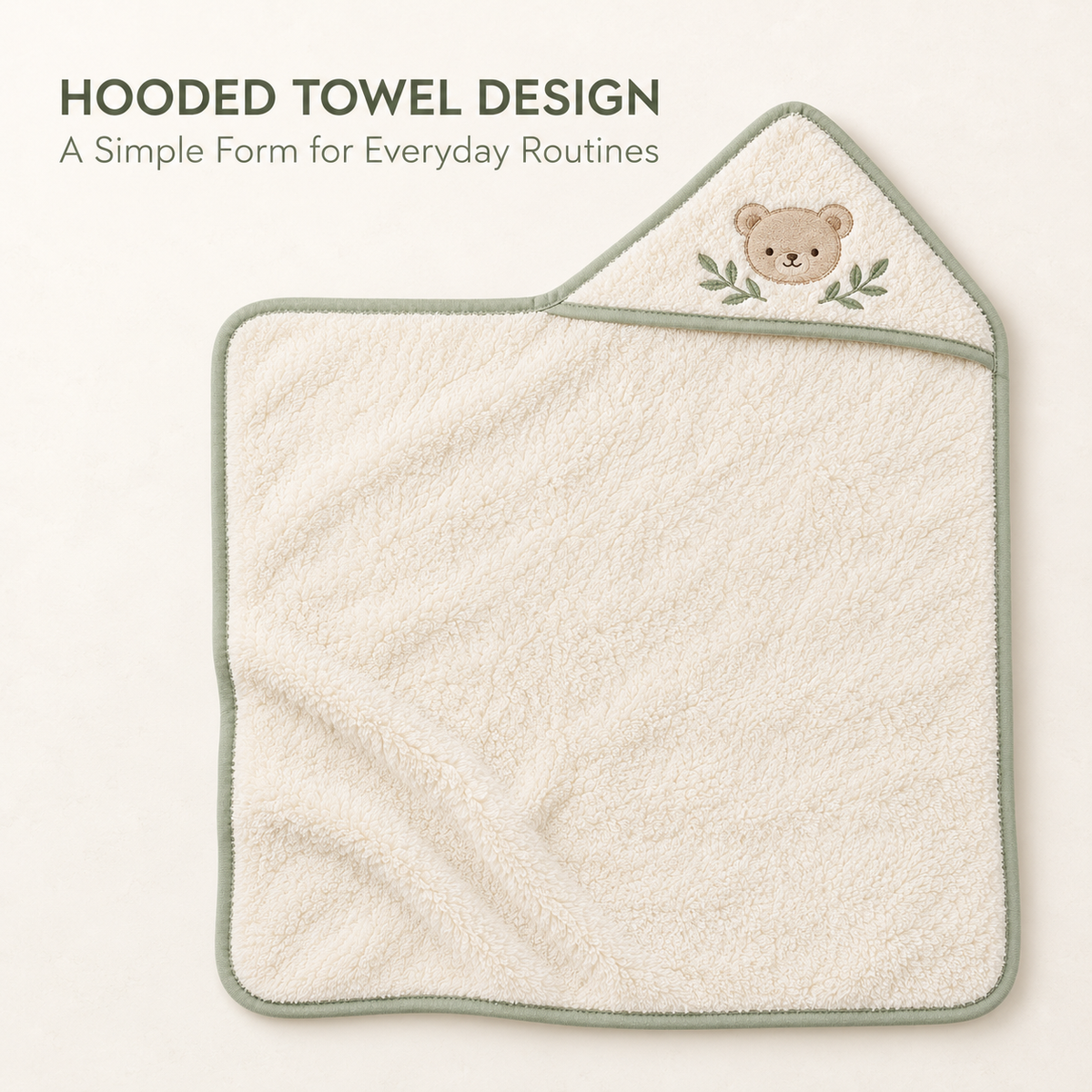 Skinkfye Bear Embroidered Hooded Baby Towel – Cream Bath Wrap with Sage Trim