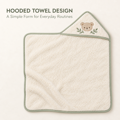 Skinkfye Bear Embroidered Hooded Baby Towel – Cream Bath Wrap with Sage Trim