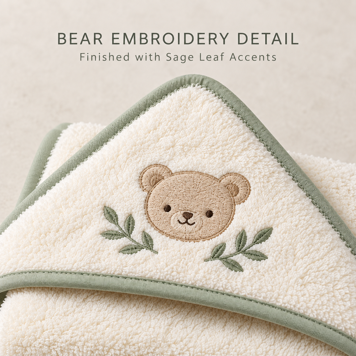 Skinkfye Bear Embroidered Hooded Baby Towel – Cream Bath Wrap with Sage Trim