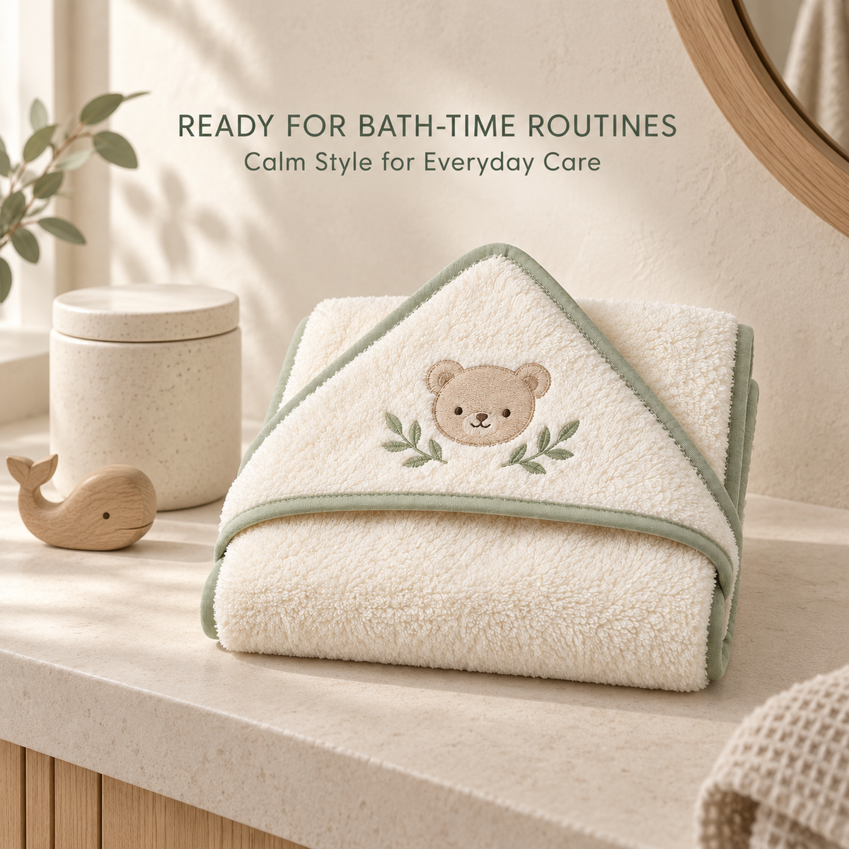 Skinkfye Bear Embroidered Hooded Baby Towel – Cream Bath Wrap with Sage Trim