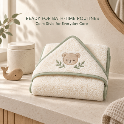 Skinkfye Bear Embroidered Hooded Baby Towel – Cream Bath Wrap with Sage Trim