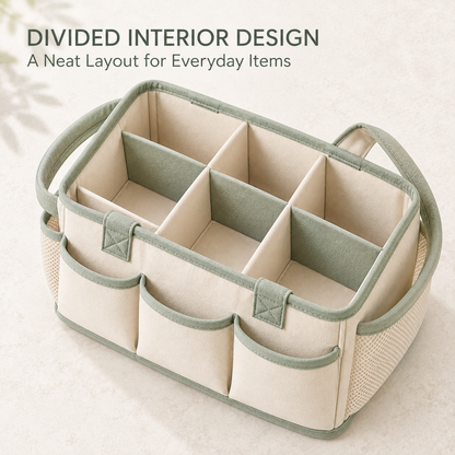 Skinkfye Cream and Sage Nursery Organizer Caddy – Multi-Compartment Storage Basket