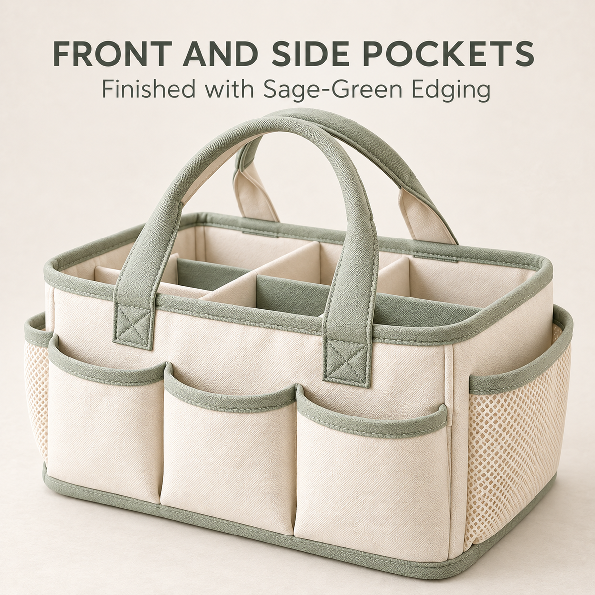 Skinkfye Cream and Sage Nursery Organizer Caddy – Multi-Compartment Storage Basket