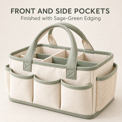 Skinkfye Cream and Sage Nursery Organizer Caddy – Multi-Compartment Storage Basket