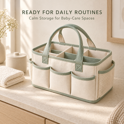 Skinkfye Cream and Sage Nursery Organizer Caddy – Multi-Compartment Storage Basket