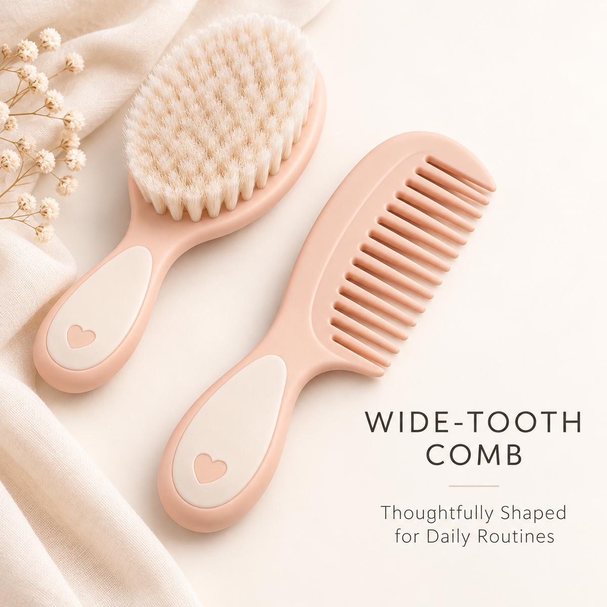 Skinkfye Peach Baby Brush and Wide-Tooth Comb – Two-Piece Grooming Set