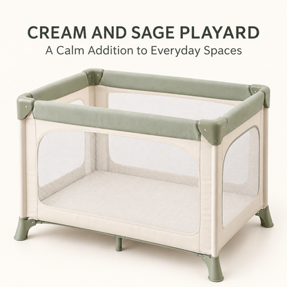 Skinkfye Cream and Sage Baby Play Yard – Mesh-Sided Activity Space
