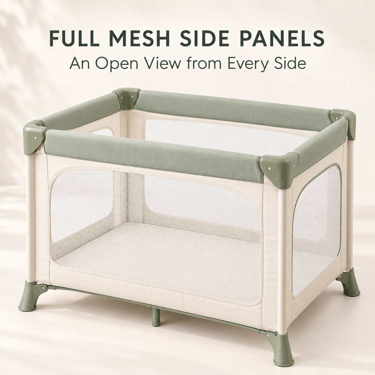 Skinkfye Cream and Sage Baby Play Yard – Mesh-Sided Activity Space