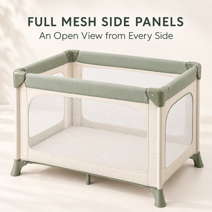 Skinkfye Cream and Sage Baby Play Yard – Mesh-Sided Activity Space