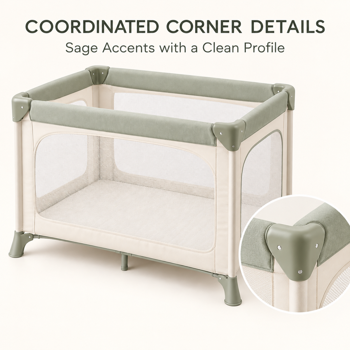 Skinkfye Cream and Sage Baby Play Yard – Mesh-Sided Activity Space
