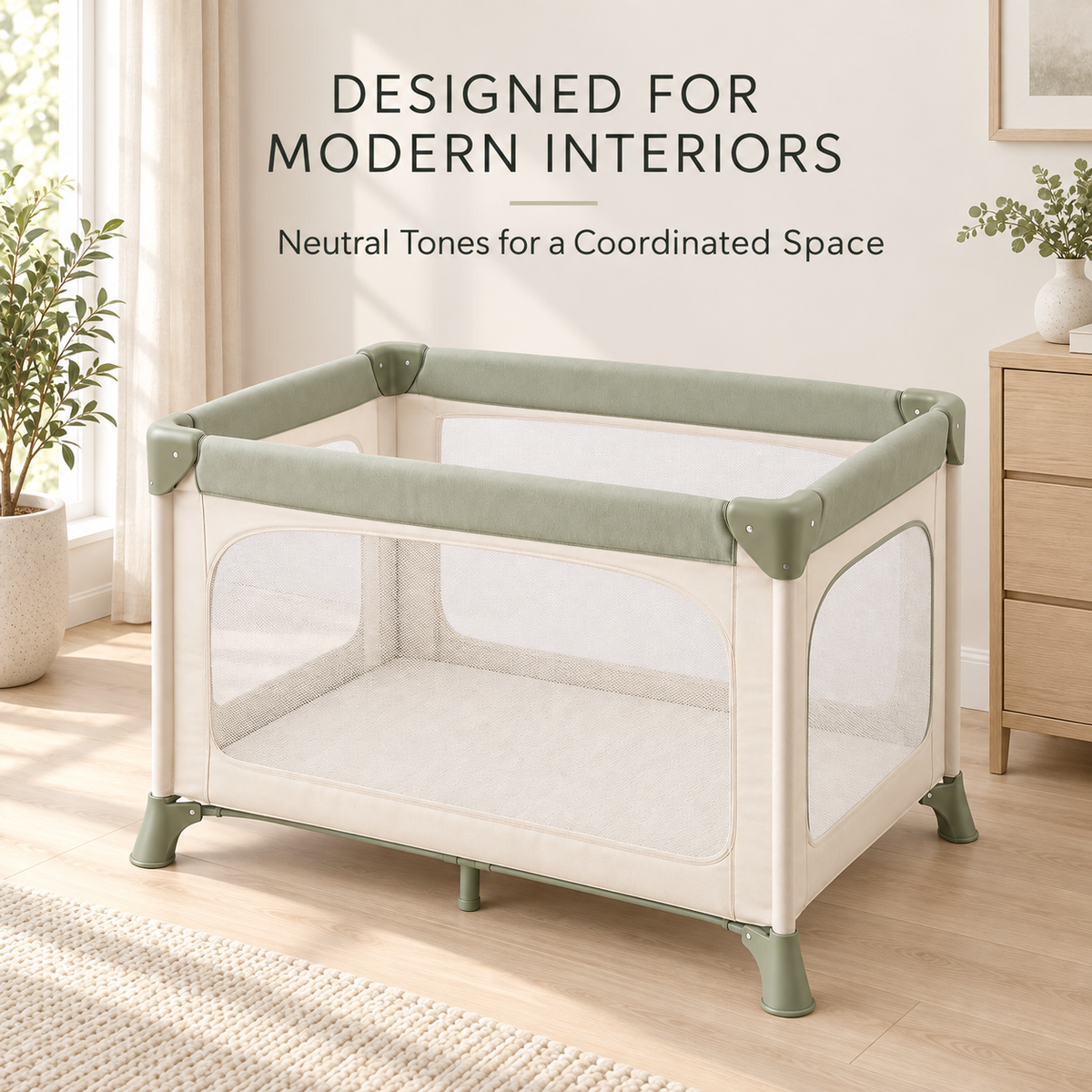 Skinkfye Cream and Sage Baby Play Yard – Mesh-Sided Activity Space